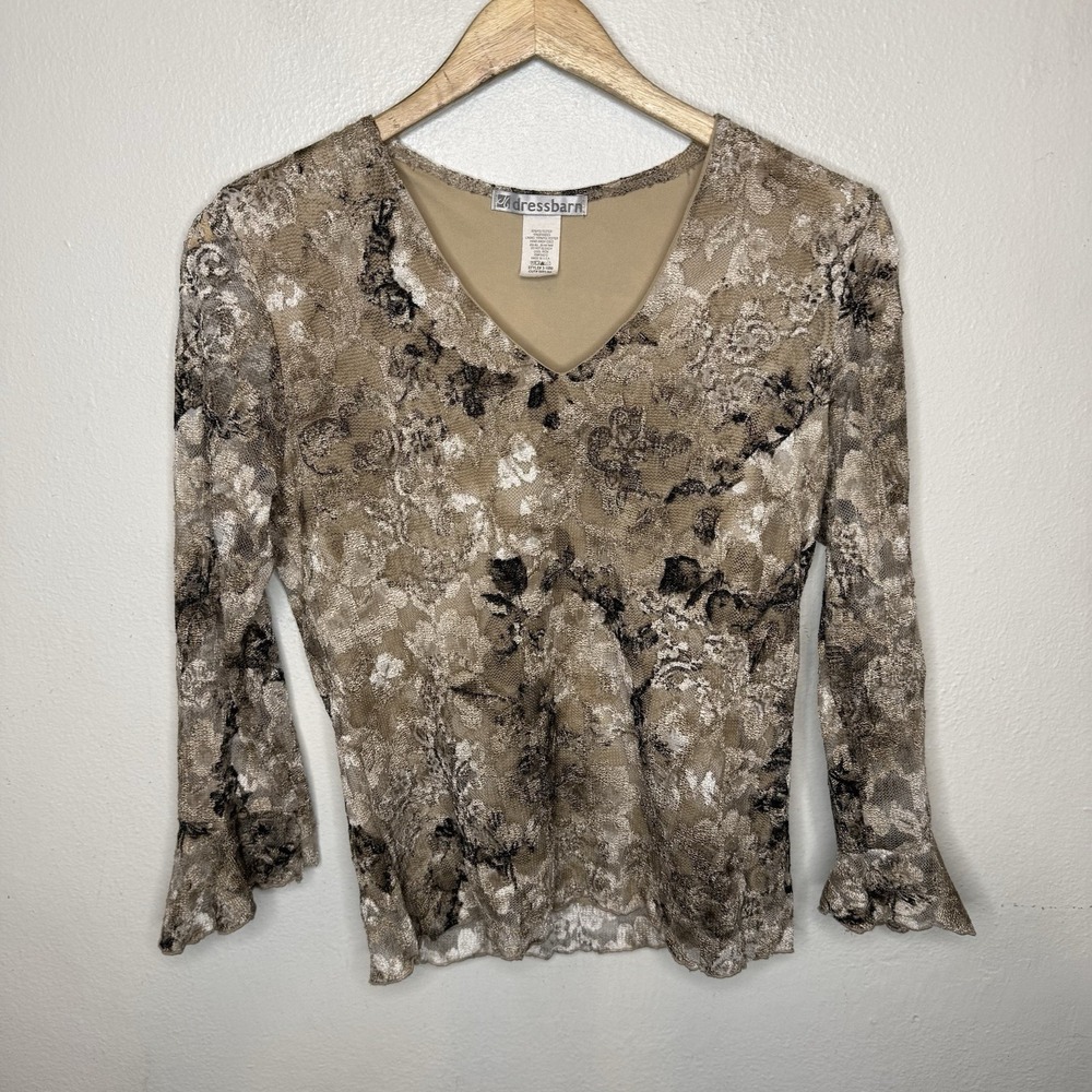 Dressbarn Y2K Mesh Overlay Brown Floral Top Lettuce Hem Trim Women's Medium